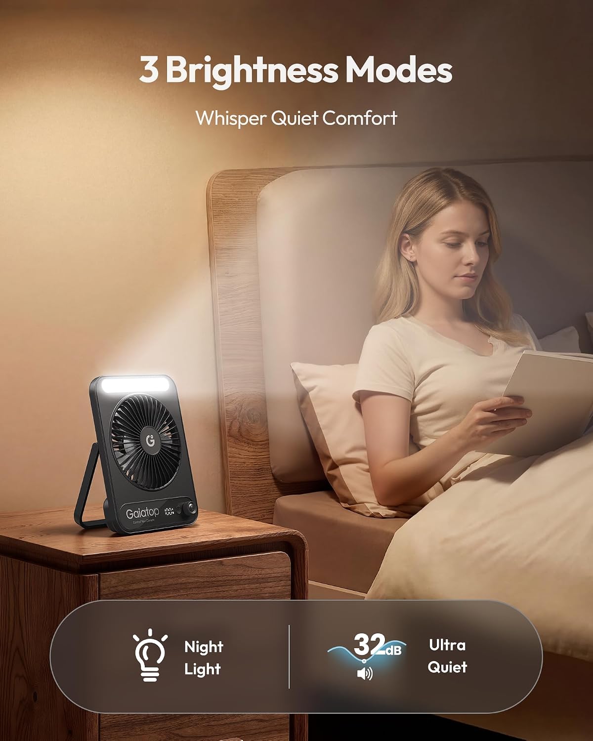 gaiatop Small Desk Fan USB, 4000mAh Table Fan with 3 LED Light, 5.5-18H Runtime, Quiet Fans for Bedroom Desktop DF-03