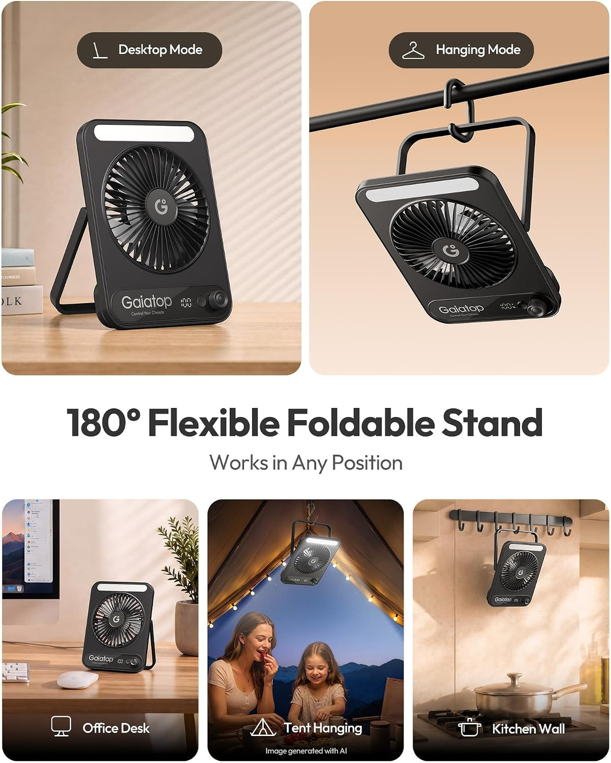 Gaiatop Small Desk Fan, 4000mAh Portable Fan for Travel with 3 LED Light, Max 18 Hrs Desk Fans Quiet for Bedside Desktop, Ultra-Slim Mini Fans,DF-03