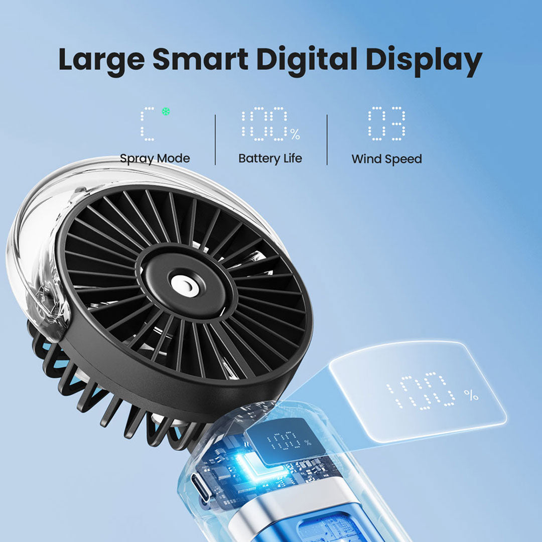 Gaiatop Portable Foldable Mist Fan With Digital Display 3-Speed USB Rechargeable Handheld & Desk Use HF-07