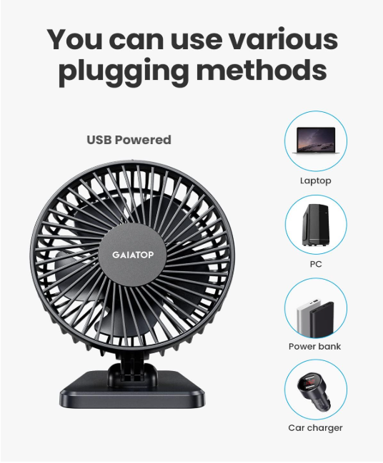 Gaiatop USB Desk Fan, Small But Powerful, Personal Portable Quiet 3 Speeds, Adjustable Mini Table Desktop fan for Cooling Home Office Car Summer Travel Gifts TF-30