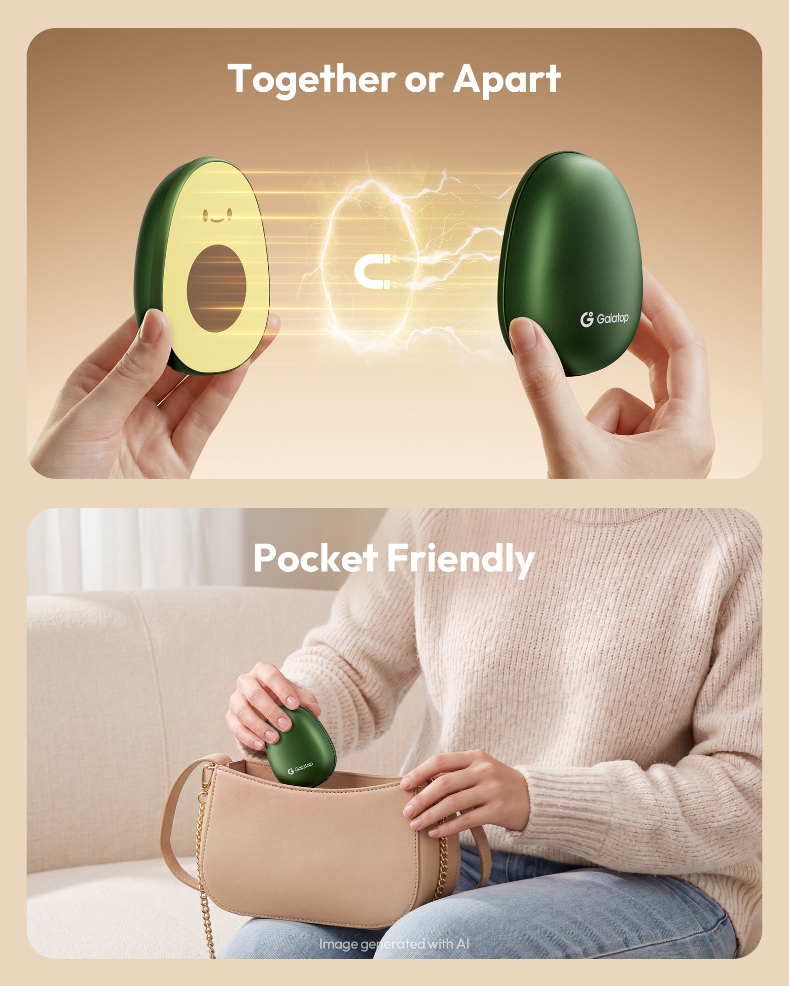 Gaiatop Rechargeable Hand Warmers 2 Pack, Magnetic, Avocado HW-03A