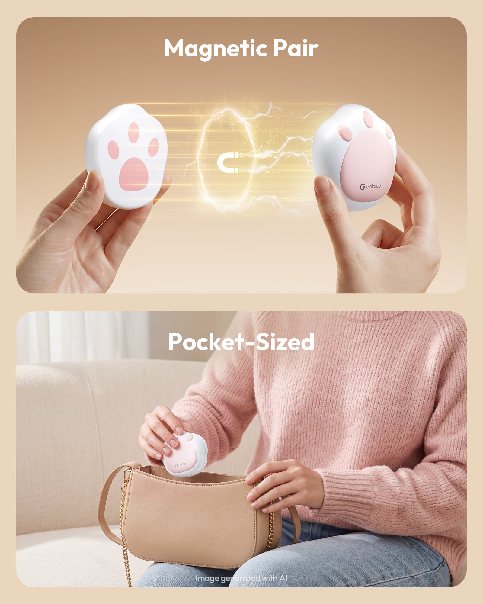 Gaiatop Rechargeable Hand Warmers 2 Pack, Cute Cat Paw Magnetic Design HW-06A