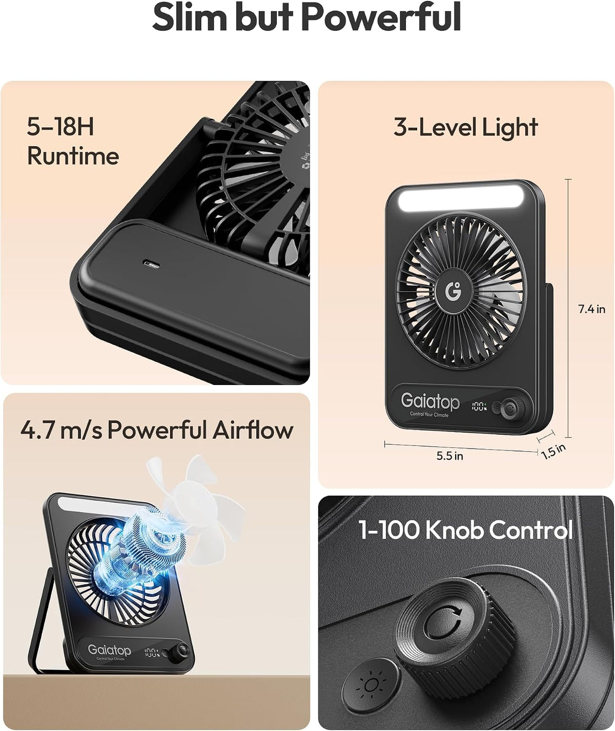 Gaiatop Small Desk Fan, 4000mAh Portable Fan for Travel with 3 LED Light, Max 18 Hrs Desk Fans Quiet for Bedside Desktop, Ultra-Slim Mini Fans,DF-03