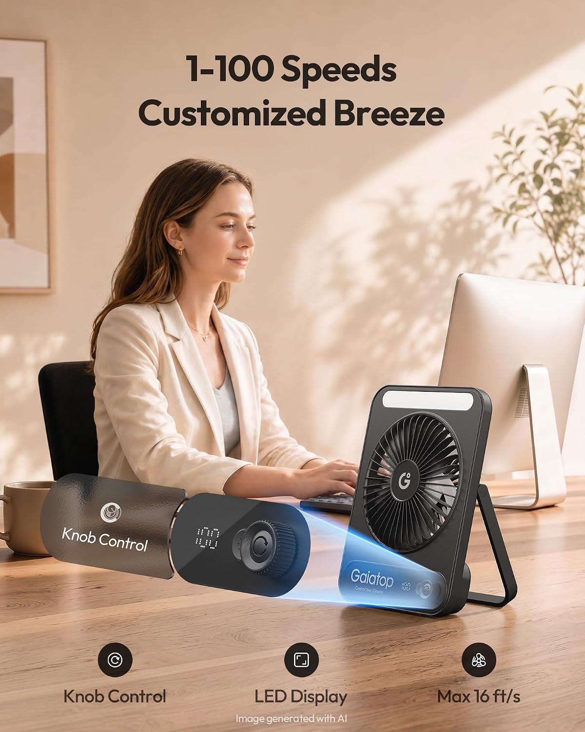 Gaiatop Small Desk Fan, 4000mAh Portable Fan for Travel with 3 LED Light, Max 18 Hrs Desk Fans Quiet for Bedside Desktop, Ultra-Slim Mini Fans,DF-03