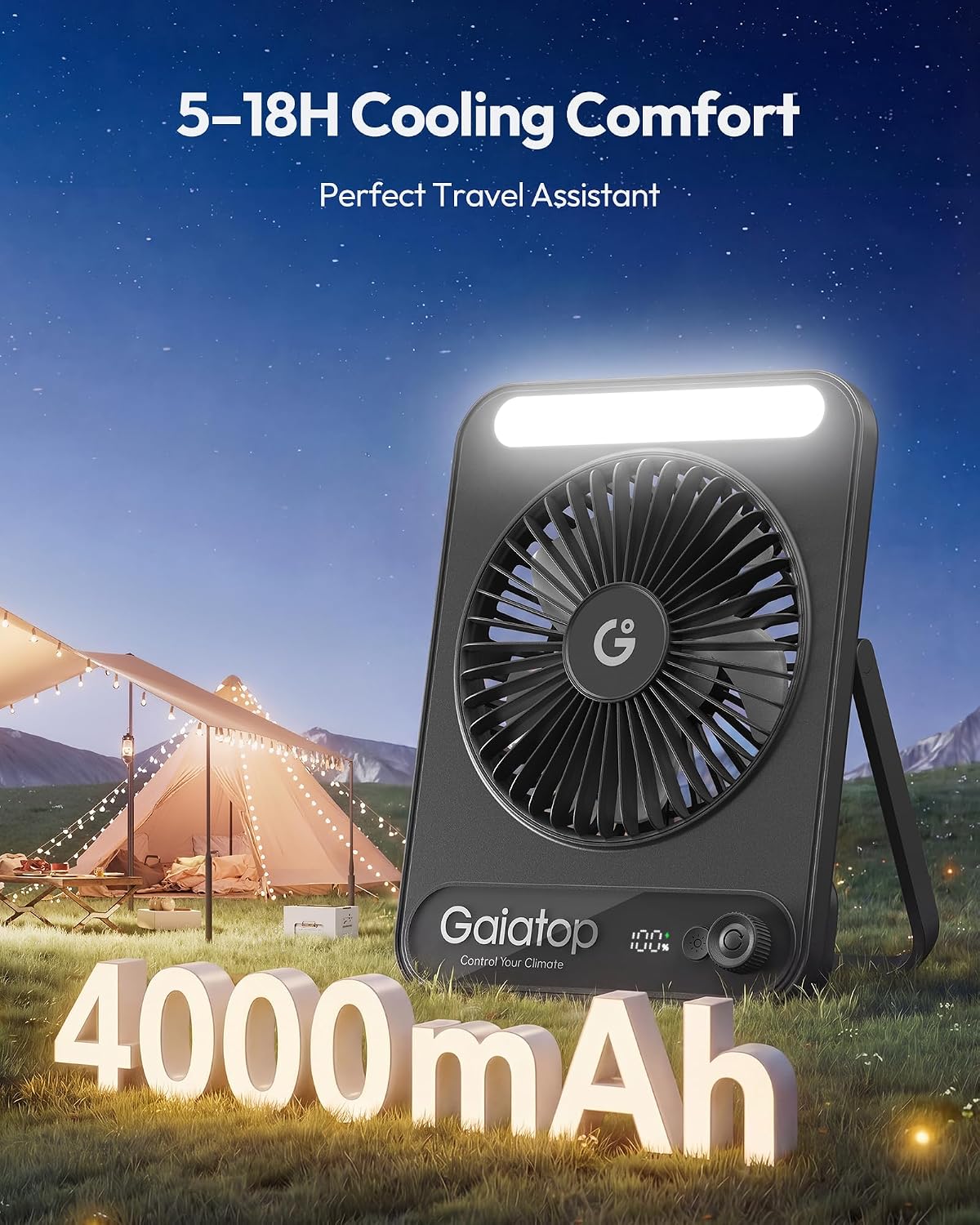 Gaiatop Small Desk Fan, 4000mAh Portable Fan for Travel with 3 LED Light, Max 18 Hrs Desk Fans Quiet for Bedside Desktop, Ultra-Slim Mini Fans,DF-03