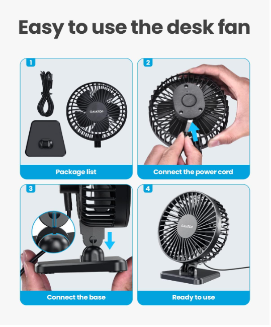 Gaiatop USB Desk Fan, Small But Powerful, Personal Portable Quiet 3 Speeds, Adjustable Mini Table Desktop fan for Cooling Home Office Car Summer Travel Gifts TF-30